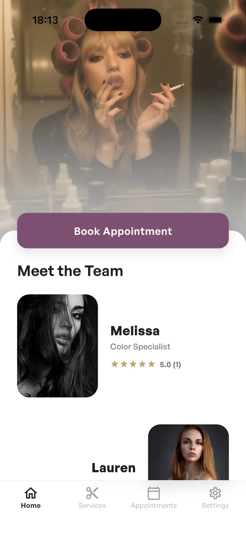 Salon app home screen with book appointment button and team
