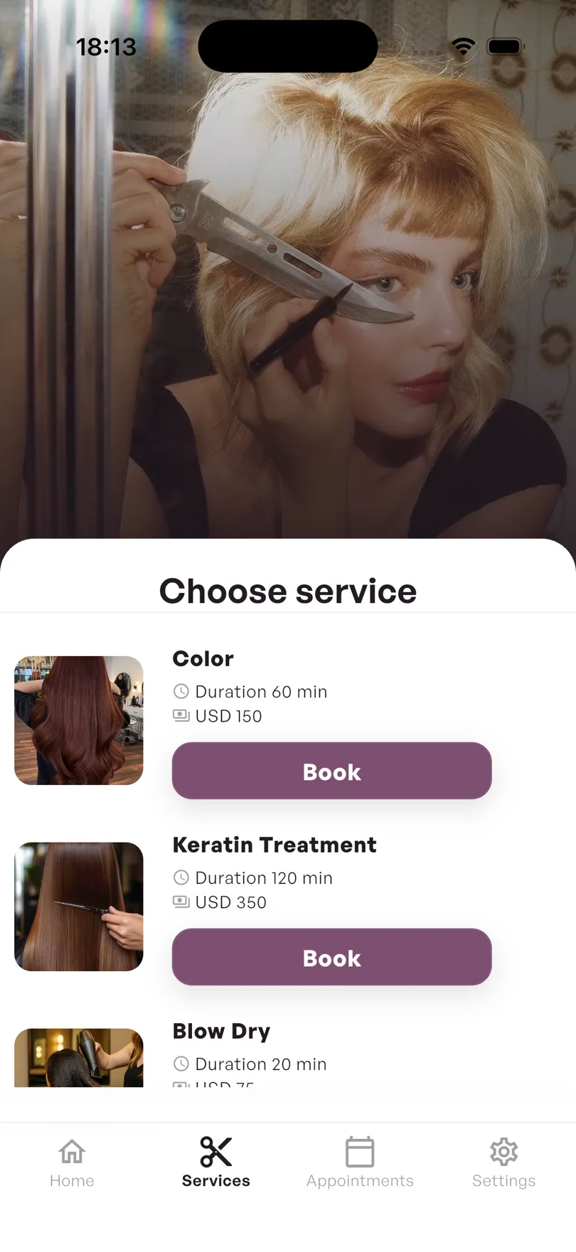 Salon app choose service screen with pricing and duration