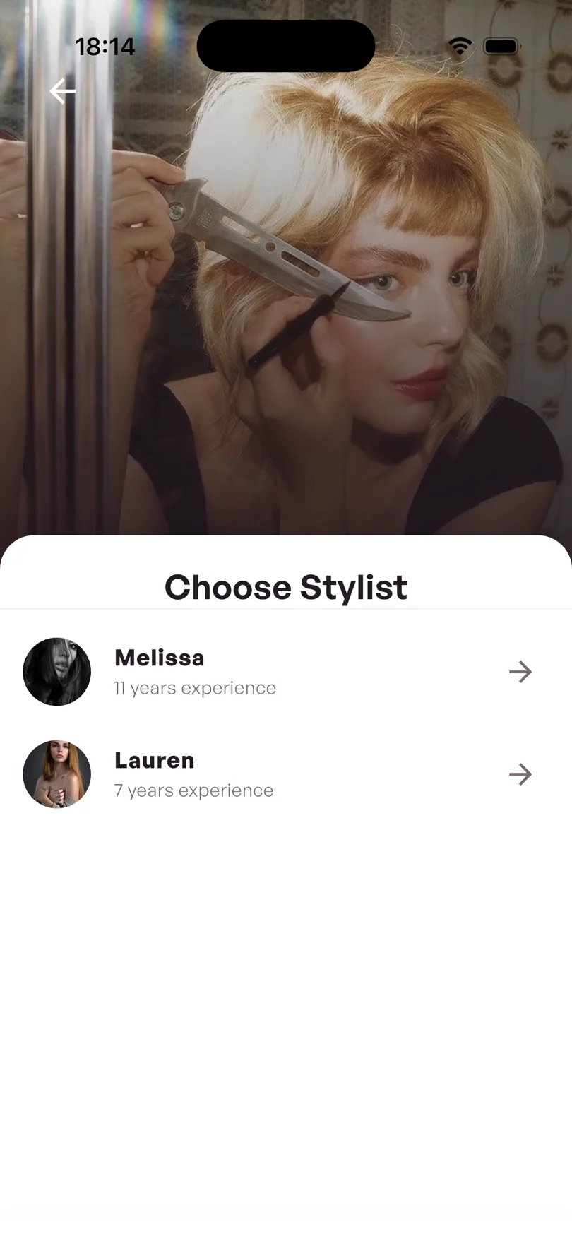 Salon app choose stylist screen