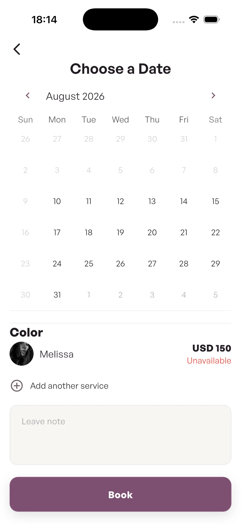 Salon app choose date and time screen